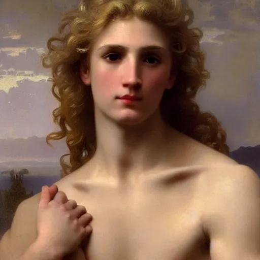 Image similar to PORTRAIT Painting of a blond male Venus Apollo. LONG CURLY blond hair. Sharp angular face high cheekbones hooked nose. Art by william adolphe bouguereau. During golden hour. Extremely detailed. Beautiful. 4K. Award winning.