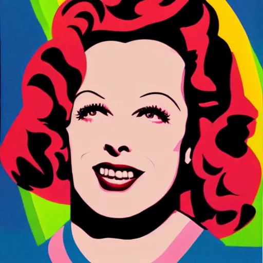 Image similar to rainbow smiling happy hedy lamarr. pop art.