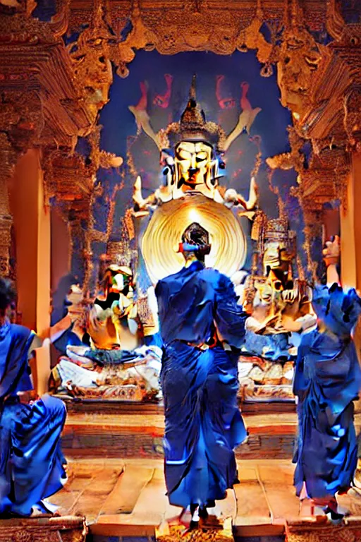 Image similar to buddhism, temple, blue clothes, painting by greg rutkowski, j. c. leyendecker, artgerm