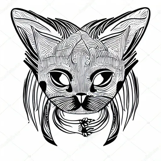 Prompt: tattoo sketch of a cat with one eye, monstera, on a canva, organic ornament, minimalism, line art, vector