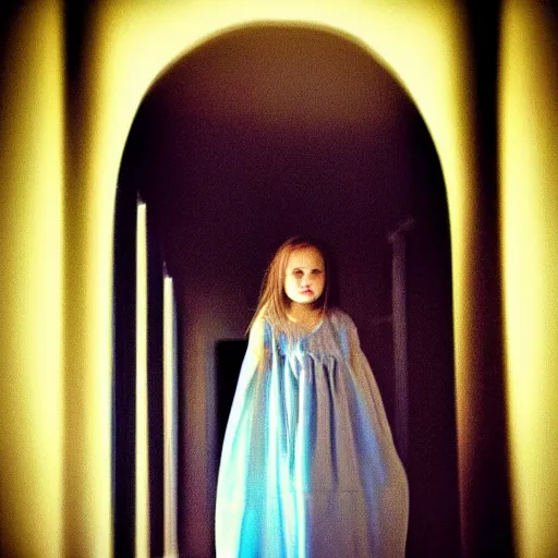 Prompt: “A beautiful photograph of a young girl as a ghost, blue lighting, hallway”