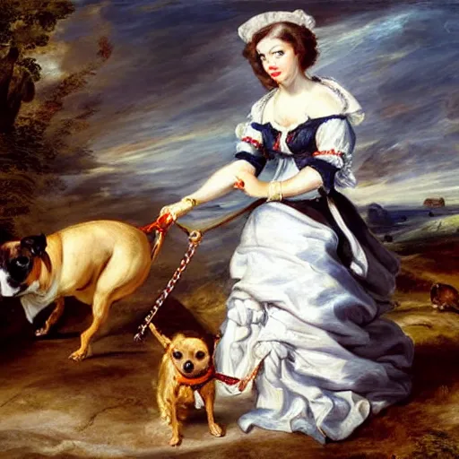 Image similar to heavenly summer sharp land sphere scallop well dressed lady walking her chihuahua on a leash auslese, by peter paul rubens and eugene delacroix and karol bak, hyperrealism, digital illustration, fauvist, chihuahua on a leash