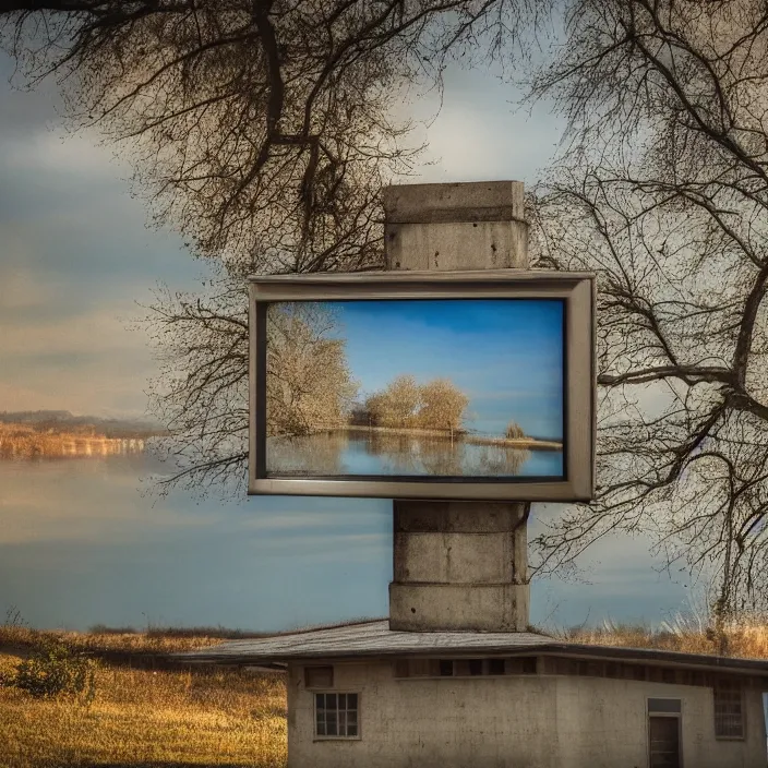 Prompt: a building in a serene landscape, old tv