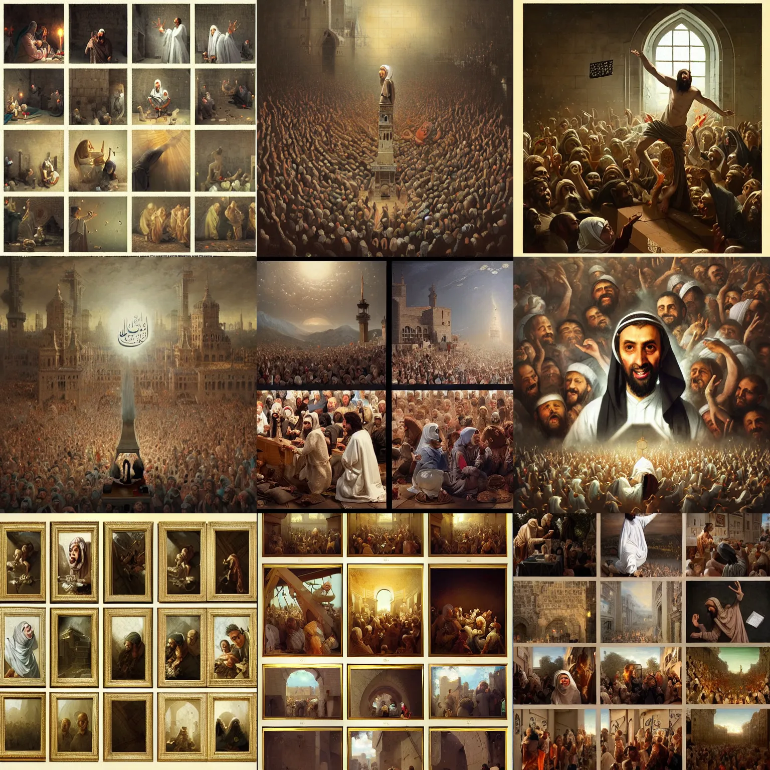 Prompt: a hundred insanely detailed tiny images in a grid of the prophet mohammed doing silly blasphemous things, masterwork oil on canvas, award winning, deeply satirical, william hogarth, greg rutkowski, artgerm, banksy