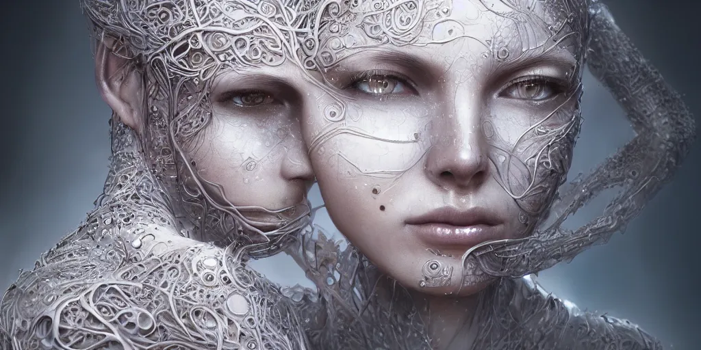 Image similar to realistic photography of a beautiful cyborg androgynous humanoid, holding close, in liquid, intricate filigree, in the style of beth cavener, jin kagetsu, wlop, highly detailed, symmetry, masterpiece, concept art, ringflash, highkey lighting, ambient lighting, octane render, 8 k, artstation