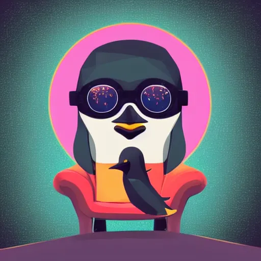 Prompt: digital art of a cute and small penguin! sitting on a chair at night, wearing sunglasses! black background with some stars, detailed lighting and shading! detailed, vector art, by emiliano ponzi, by tom whalen, trending on polycount, private press, low poly, 3 d, sketchfab
