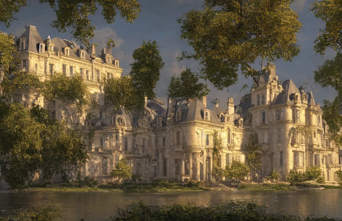 Image similar to a hyper realistic professional photographic view picture of a french chateau filter unreal engine 5 realistic hyper detailed 8k ultradetail cinematic concept art volumetric lighting, fantasy artwork, very beautiful scenery, very realistic painting effect, hd, hdr, cinematic 4k wallpaper, 8k, ultra detailed, high resolution, artstation trending on artstation in the style of Albert Dros glowing rich colors powerful imagery nasa footage drone footage drone photography