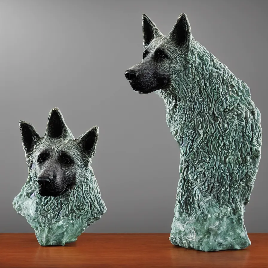 Image similar to beautiful gallery show studio photograph of a giant realistic ceramic sculpture of a german shepherd dog, 3 d fractal structure, celadon glaze, placed on a polished wooden table, colorful hyperrealism 8 k trending on artstation