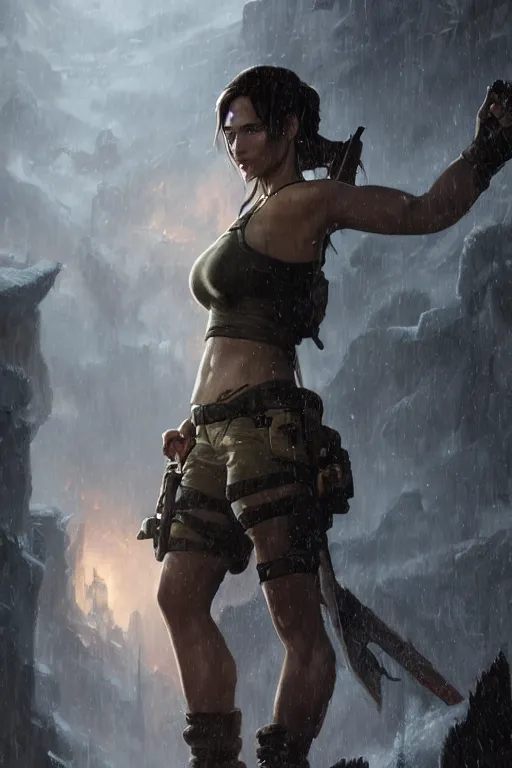 Image similar to a fancy portrait of Lara croft by Greg Rutkowski, Sung Choi, Mitchell Mohrhauser, Maciej Kuciara, Johnson Ting, Maxim Verehin, Peter Konig, final fantasy , mythical, 8k photorealistic, cinematic lighting, HD, high details, atmospheric,