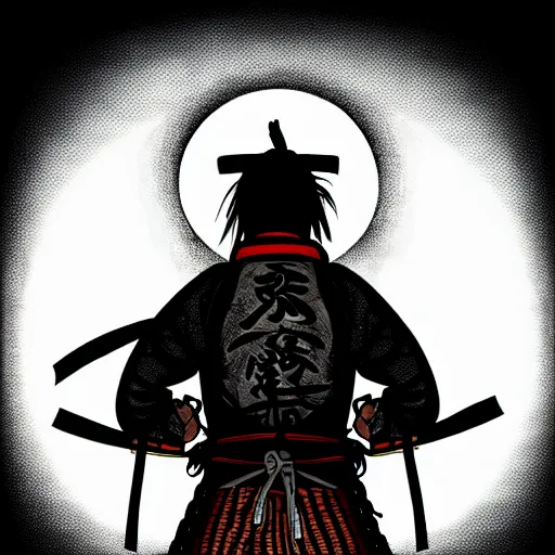 Image similar to a portrait from behind of a samurai man vagabond with a moon behind him, the samurai is wrapped in chains, detailed, illustration, concept art, ink style, sketch