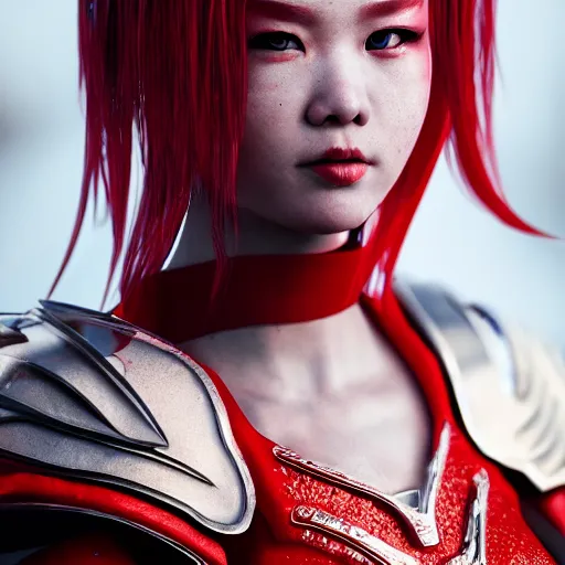 Prompt: beautiful albino Asian girl red and white armor, unreal engine octane, colorful, portrait, gliter, depth of field, 8k, epic light