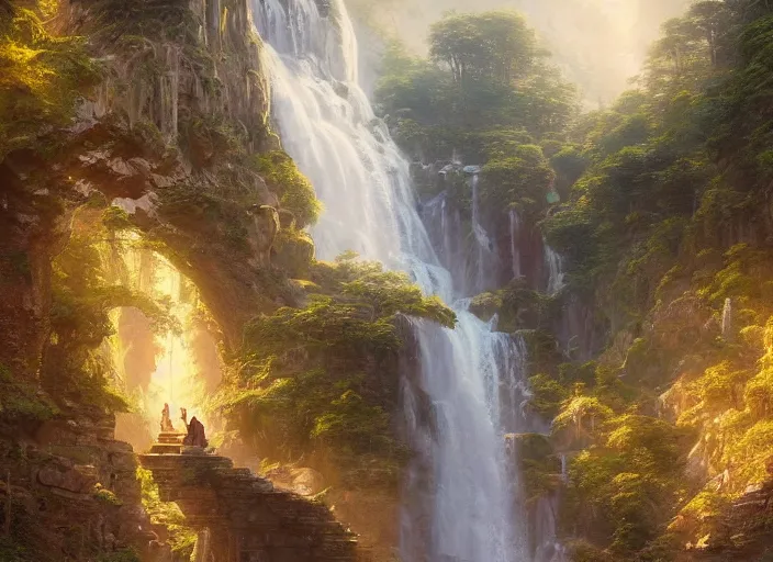 Prompt: a beautiful picture of waterfall in full bloom, rocks, giant palace, monk meditate, golden ratio, perfect symmetrical, greg rutkowski, thomas kinkade, artstation