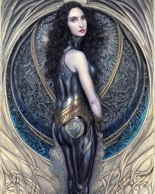 Image similar to in the style of beautiful gal gadot, steampunk, detailed and intricate by jean delville, gustave dore and marco mazzoni, art nouveau, symbolist, visionary, gothic, pre - raphaelite