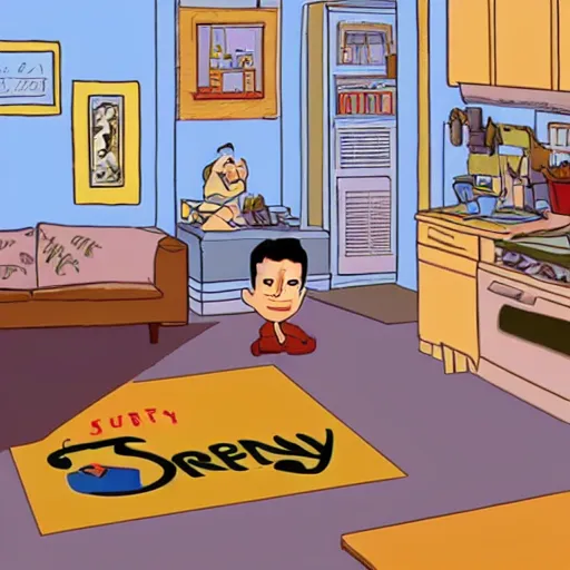 Image similar to Screenshot from Disney Pixar's Seinfeld (2022), inside Jerry's apartment