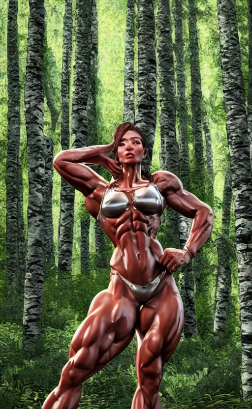 Image similar to photo of bodybuilder woman posing in birch forest in jeff koons hip hop bauhaus style, beautiful detailed face, ultra realistic, concept art, intricate details, serious, highly detailed, photorealistic, octane render, 8 k, unreal engine, art by todd mcfarlane