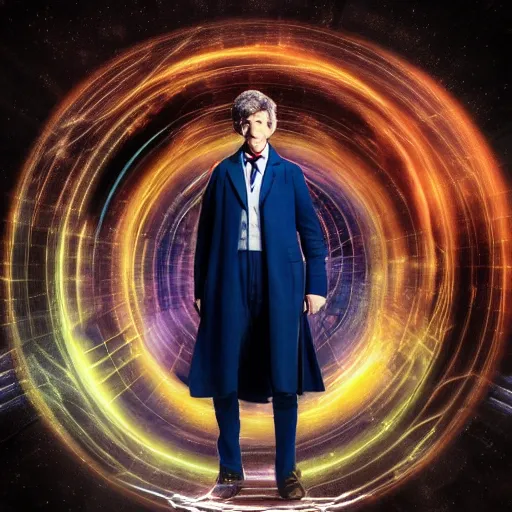 Image similar to a beautiful full body photograph of the doctor, time vortex in the background, detailed face, symmetrical face, extreme realism and detail, 8 k, completely framed, direct lighting, 3 5 mm photo, photorealistic, sharp focus