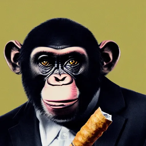 Image similar to a high detail photo of an antropomorphic chimp wearing a suit smoking a cigarrette, subject= chimp, subject detail: wearing a suit, subject action: smoking a cigarrette photorealism