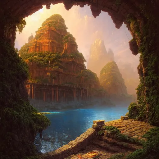 Prompt: A beautiful hyper realistic detailled matte painting of the dungeon of the gods with a magic water well of Bronze energy, daylight, barometric projection, by andreas rocha john howe, and Martin Johnson Heade, featured on artstation, featured on behance, ultrawide angle