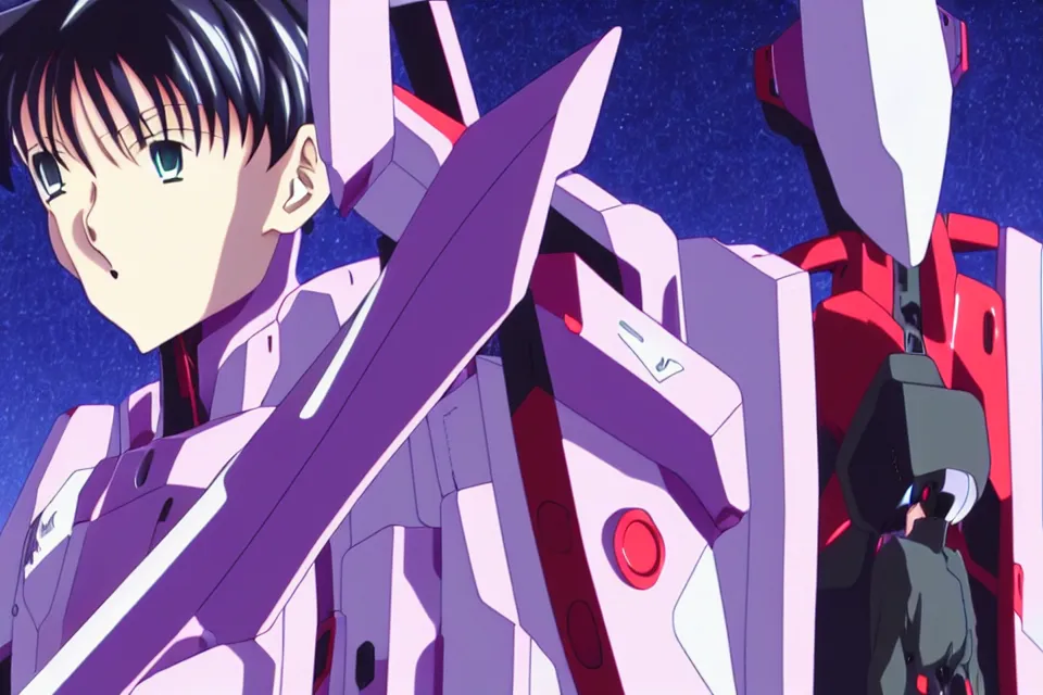 Image similar to anime illustration of black detailed lonely evangelion eva - 0 1 standing menacingly behind ikari shinji, cinematic lighting, evangelion anime poster, rebuild of evangelion 1 0 8 0 p, 9 0 s anime aesthetic, volumetric lights, rule of thirds, unreal engine render, pinterest wallpaper, trending on artstation