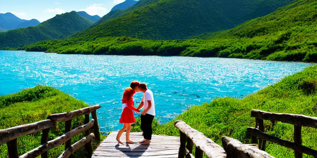 Prompt: photo realism, beautiful nature, sunny day, sunshine lighting high mountains, which are higher than white fluffy clouds with green trees on top, a small wooden bridge connecting two mountains, a loving couple a redhead girl in a blue dress and dark hair man in white t-shirt and black shorts holding hands and kissing, ocean beneath the mountains with clear blue water, whales showing from the waves, cinematic, 8k, highly detailed