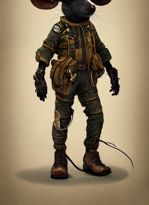 Image similar to detailed full body concept art illustration matte painting of an anthropomorphic mouse pilot in full intricate pilot clothing, ultra detailed, digital art, octane render, 4K, dystopian, micro details