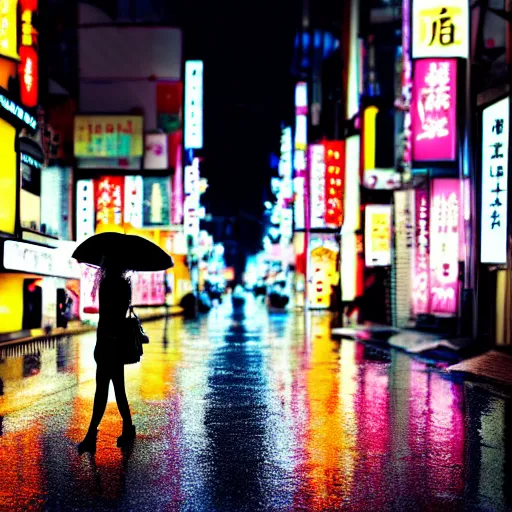 Prompt: a woman holding an umbrella, walking down the streets of tokyo, with neon signs, while it's raining. cinematic lighting, digital art. award winning.