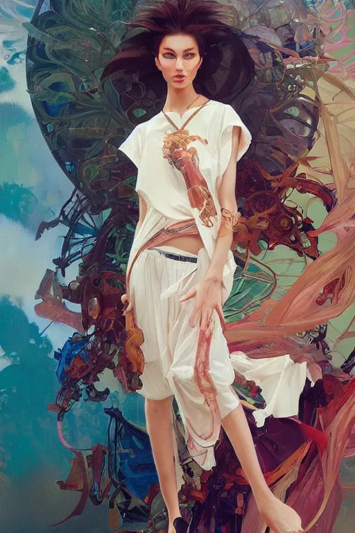 Image similar to an hyper intricate oil painting of gen z model wearing a fashion outfit wearing a clean t - shirt, full body ultra fashion model pose by vogue, excellent composition, by yoshitaka amano, by greg rutkowski, by alphonse mucha, by rhads, by ross tran, trending on artstation