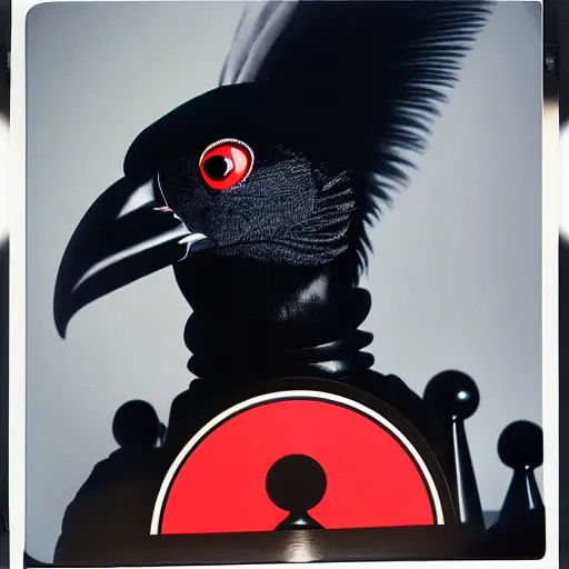 Image similar to close - up, photo of a humanoid magpie kenku wearing a chess hoodie, holding a vinyl record, 9 0 - s, polaroid photo, by warhol,