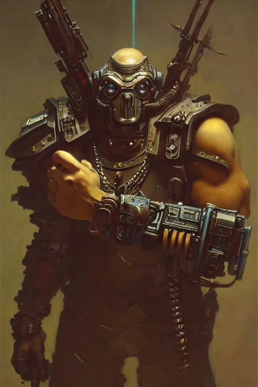 Image similar to full character portrait max mad cyberpunk warhammer 4 0 k, medic sapper not the pietra character design, painting by gaston bussiere, katsuya terada, wyeth, greg rutkowski, craig mullins, ( ( ( ( ( vermeer ) ) ) ) ), frank frazetta, mucha, tom of finland, trending on artstation