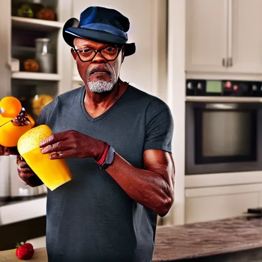 Prompt: samuel l jackson making a smoothie, professional studio photography, 4 k