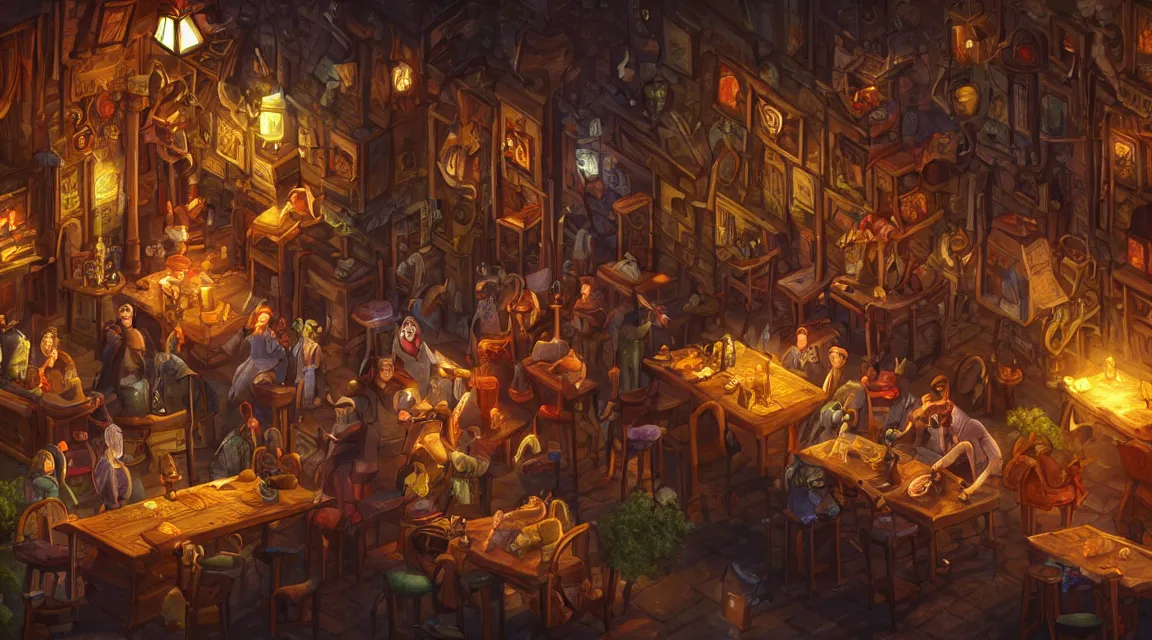 Prompt: A multidimensional cozy tavern, screenshot from hidden object game, cinematic lighting, epic composition, cartoon, animation, background art, post processing, 8K resolution
