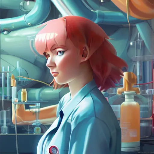 Image similar to British Pokemon original character with wild peach colored hair and heterochromia, Pixar style, beautiful woman, scientist, standing in a lab in front of a giant containment liquid filled tank, by Tristan Eaton Stanley Artgerm and Tom Bagshaw, Makoto Shinkai ilya kuvshinov and Wojtek Fus