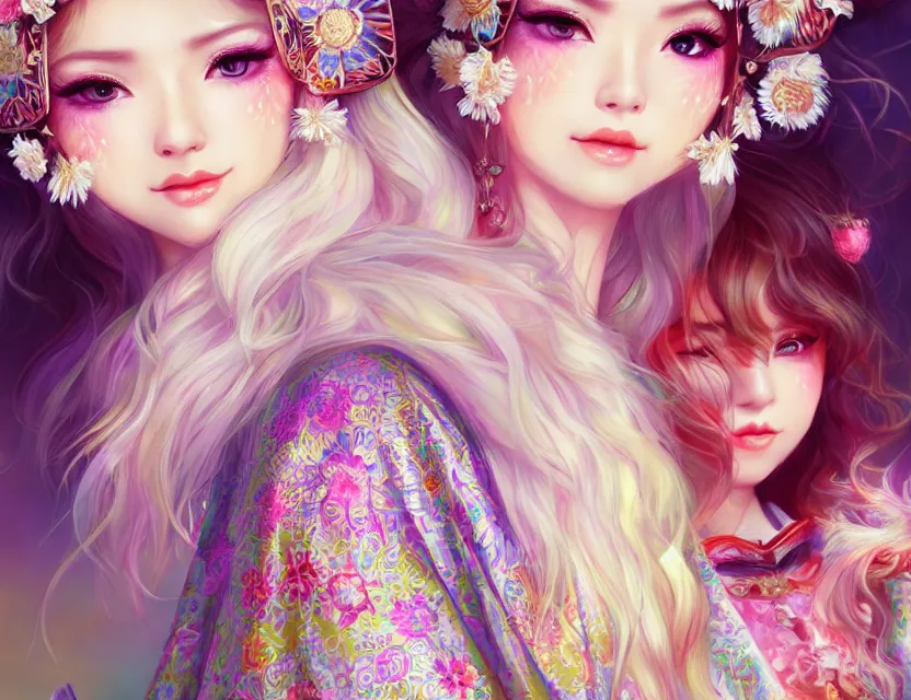 Image similar to two beautiful fashion siberian girls wear fantasy kimono in festival | | big eyes, sunny, dreamlike art, realistic shaded, smile, good looking, hyper details, 4 k realistic, cryengine, realistic shaded lighting poster by artgerm, ross tran, fuji choko, loish, 8 k resolution, trending on artstation, luxury