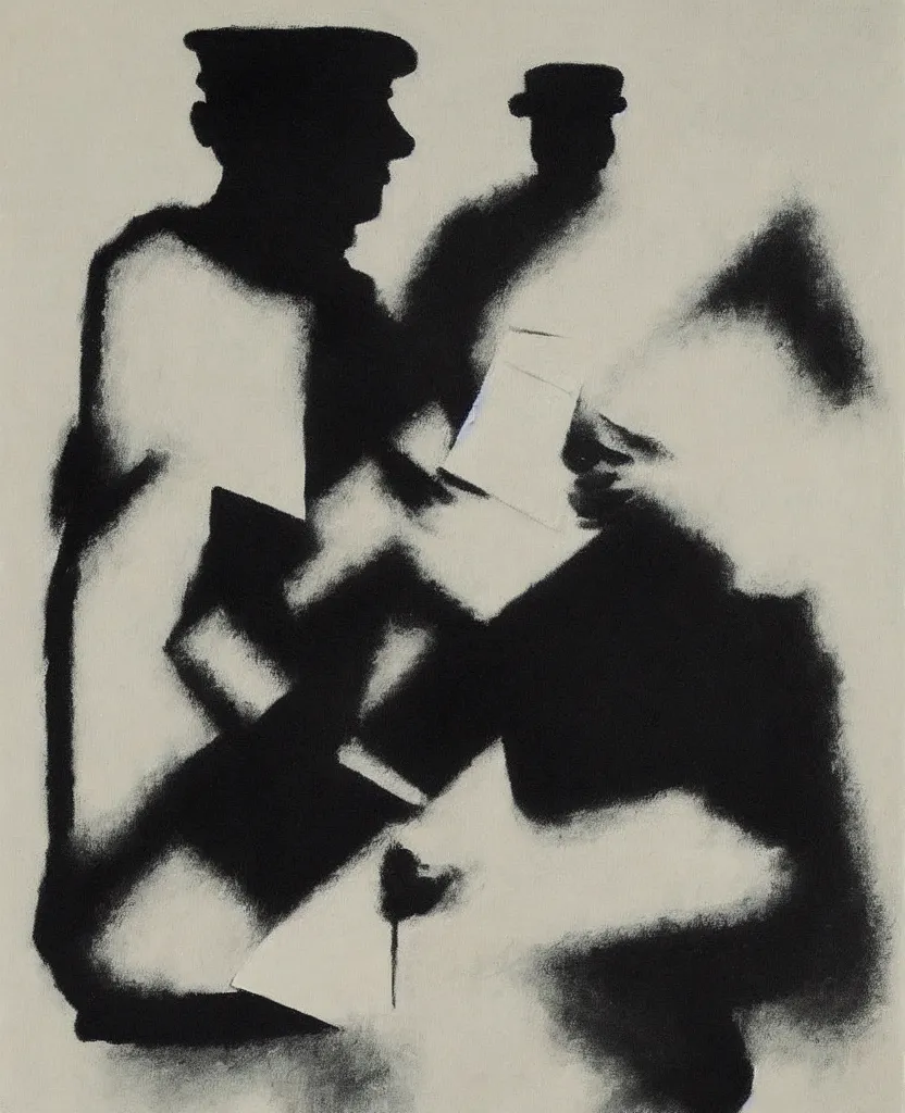 Image similar to a beautiful painting of a soldier's hand writing a letter to home with wwii in background, black and white, painted by laszlo moholy - nagy