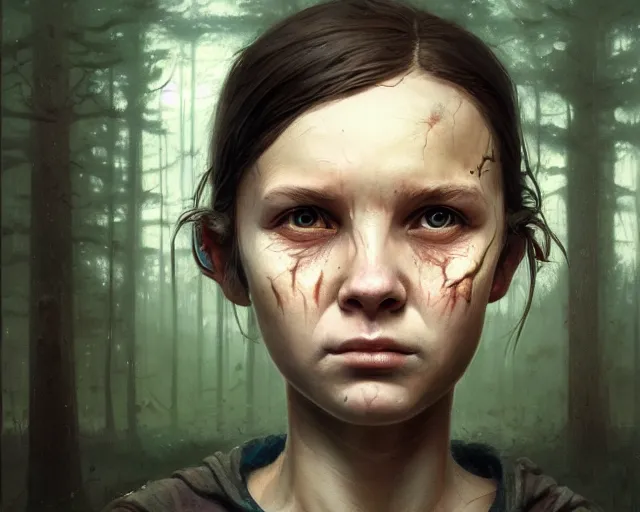 Image similar to highly detailed portrait of a millie billy brown, in the walking dead, stephen bliss, unreal engine, fantasy art by greg rutkowski, loish, rhads, ferdinand knab, makoto shinkai and lois van baarle, ilya kuvshinov, rossdraws, tom bagshaw, global illumination, radiant light, detailed and intricate environment