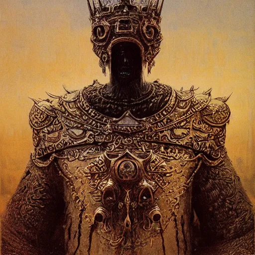 Prompt: ice lord, full body, wearing icy ornamented armor, wearing ice royal crown war helm, beksinski