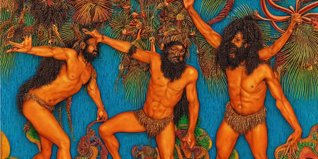 Image similar to an abstract tropical landscape, portrait of a hirsute dark - skinned greek god dancing. 2 4 mm, photorealistic, muted color scheme, directed by mati klarwein