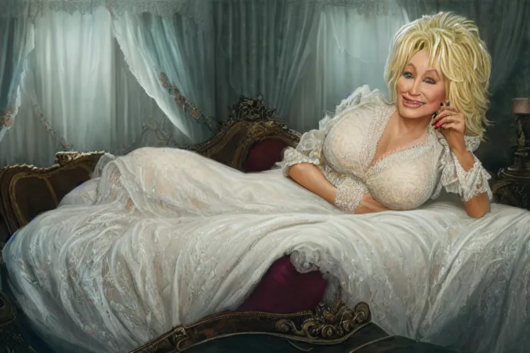 Prompt: portrait of dolly parton wearing a lace dress in bed, an oil painting by ross tran and thomas kincade