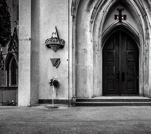 Image similar to Ghost standing in front of a church during in the night f1.8 anamorphic, bokeh, 4k, Kodachrome k135