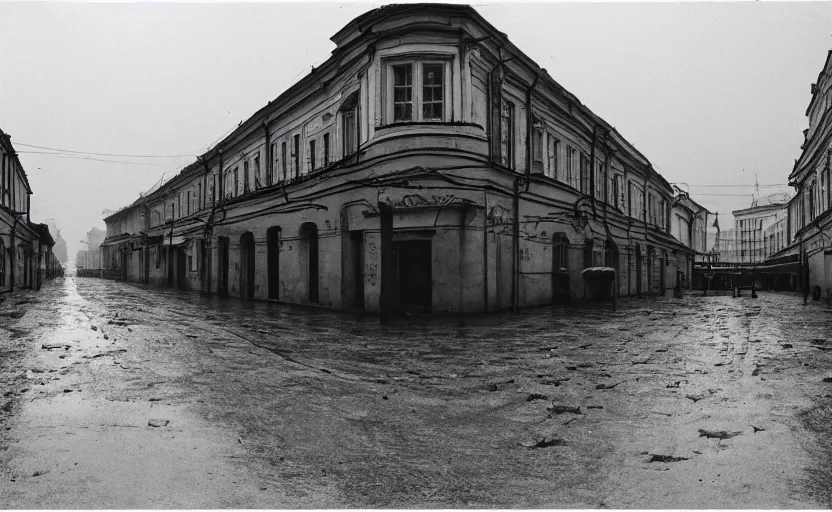 Prompt: high quality movie still of a soviet street yougoslavian street with few pedstrian , Cinestill 800t 18mm black and white heavy grain, very detailed, precise, HD, rain, mud, foggy, neon billboard