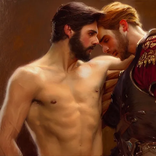 Image similar to attractive fully clothed king confesses his love for his attractive fully clothed male prince. highly detailed painting by gaston bussiere, craig mullins, daniel f. gerhartz, j. c. leyendecker 8 k