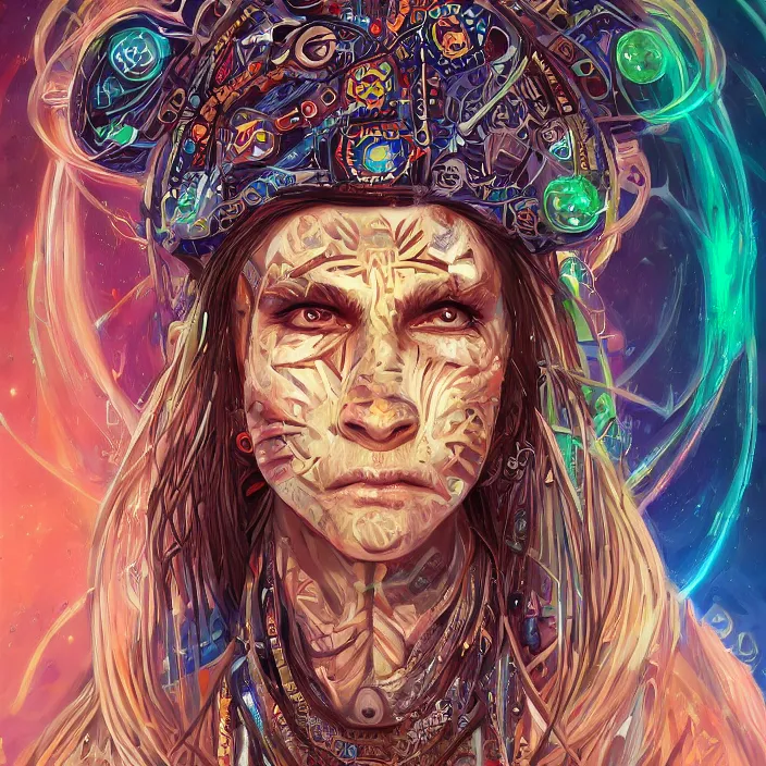 Image similar to portrait of a future metaverse ayahuasca tech shaman warrior, 2 d cartoon, visionary art, symmetric, magick symbols, holy halo, shipibo patterns, sci - fi, concept art, trending on art station, 8 k digital art, by mandy jurgens, fantasy portrait art, anime