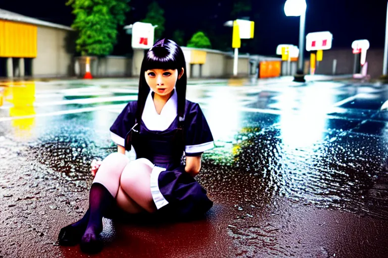Prompt: Strict girl in Japanese maid's clothes and long stockings sits on the wet pavement in the parking lot at night in the rain