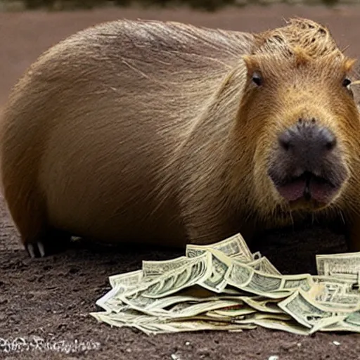 Prompt: capybara surrounded by money