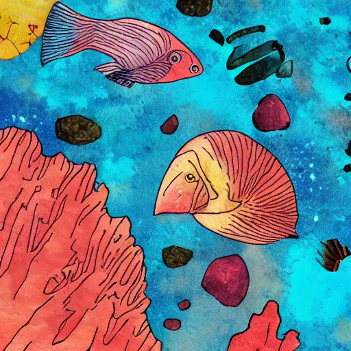 Prompt: detailed rocky underwater biological life angular stylized watercolor ink technical illustration