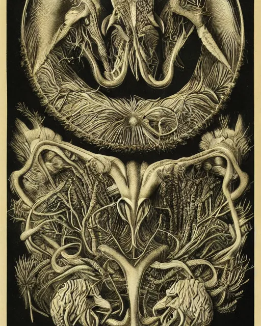 Prompt: a creature with the body and eyes of a man, beak of an eagle, the mane of a lion, two horns of an ox on the head. drawn by ernst haeckel