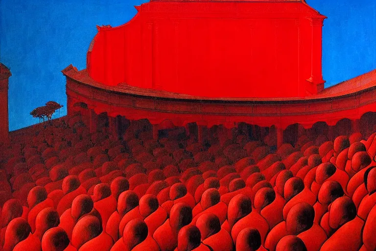 Image similar to only with red, a red great emperor, taormina amphitheatre, crowd with big smile, in the style of beksinski, parts by edward hopper, parts by rodcenko, parts by yue minjun, intricate and epic composition, red by caravaggio, insanely quality, highly detailed, masterpiece, red light, artstation, 4 k