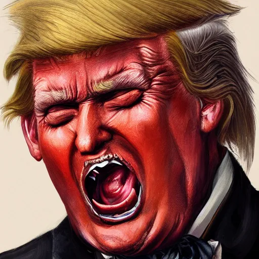 Prompt: portrait of donald trump dracula showing his fangs, intricate, elegant, highly detailed, centered, grungy, digital painting, artstation, concept art, smooth, sharp focus, boris vallejo