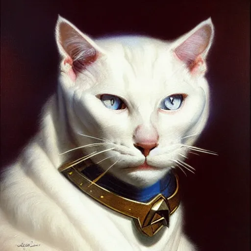 Image similar to a portrait of a manly humanoid anthromorphic furry white cat feline, blue eyes, star trek the next generation. highly detailed painting by gaston bussiere, craig mullins, j. c. leyendecker, furry