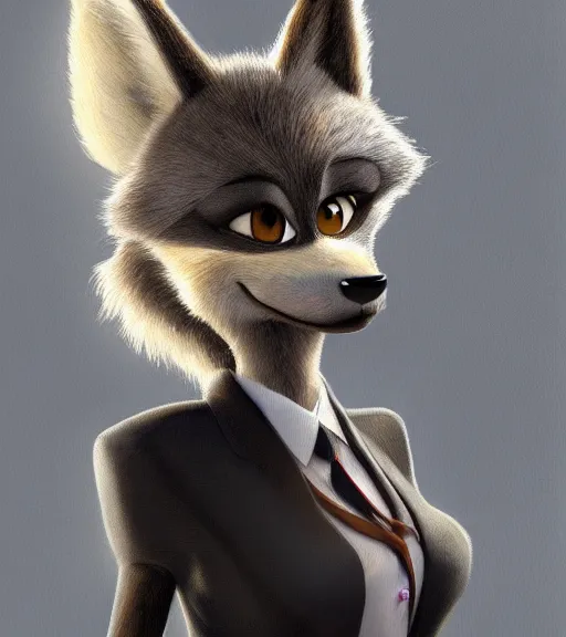 Image similar to oil painting of anthromorphic furry female wolf, in style of zootopia, female fursona, furry, furaffinity, 4 k, deviantart, furry art, fursona art, wearing black business suit, business suit, wolf fursona, expressive feminine face, female,